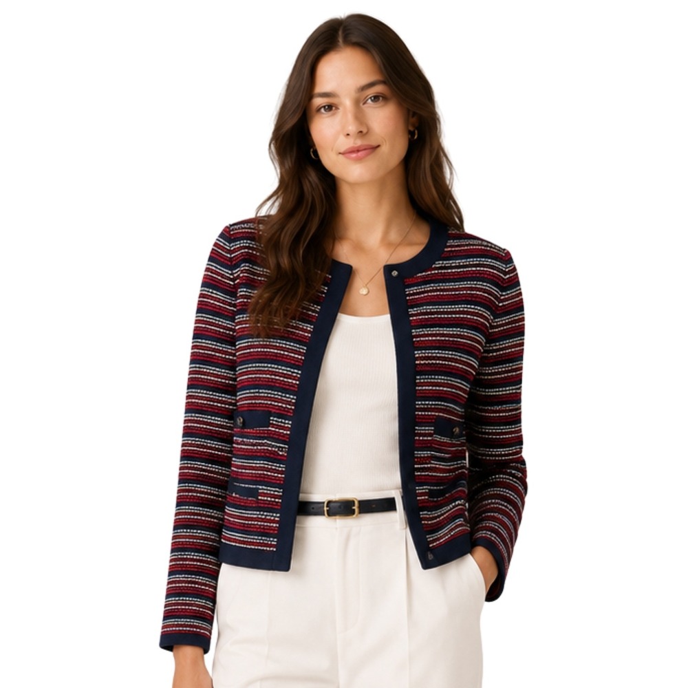 Talbots Jacket Womens Plus 1X Red Blue Striped Open Front Textured Knit Preppy